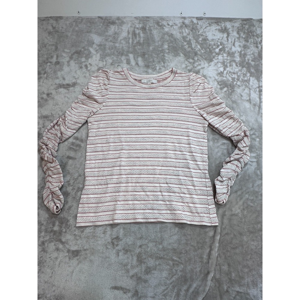 LOFT Women's Large Striped Pleated Puff Sleeve Knit Top Rust Maroon Cream EUC